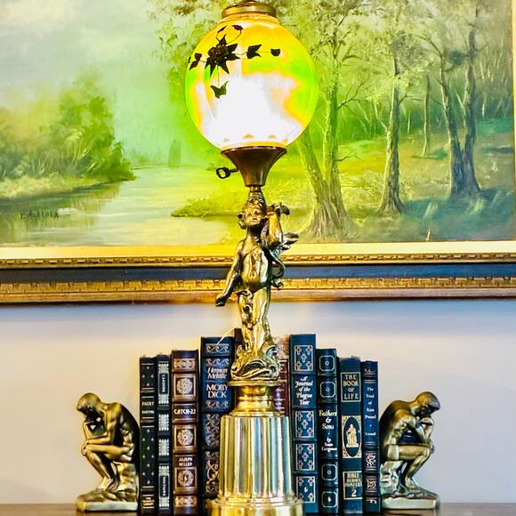 Vintage Cherub Lamp w/ Green Crackle GlobeHollywood Regency Decor